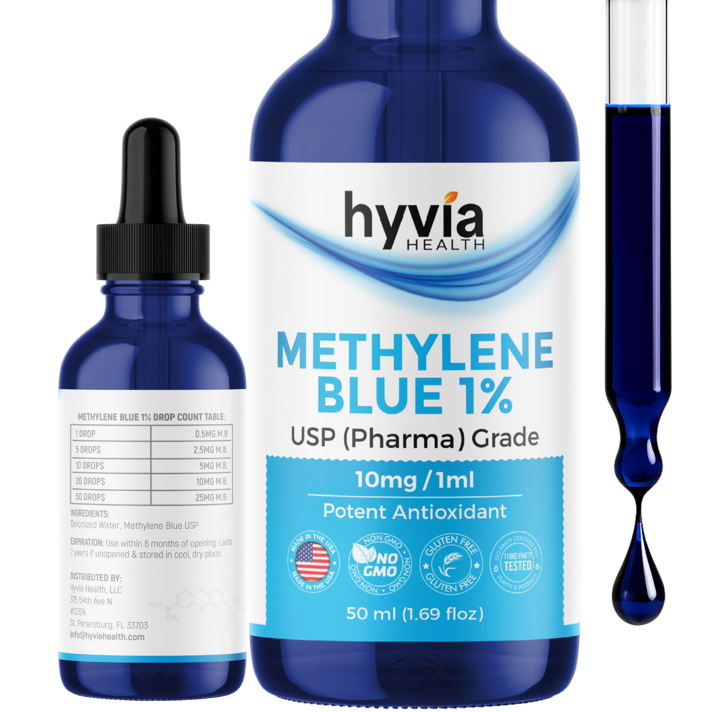 Methylene Blue 1% USP (Pharma Grade) Liquid Drops – 10mg/ml (50ml / 1.69 fl oz)